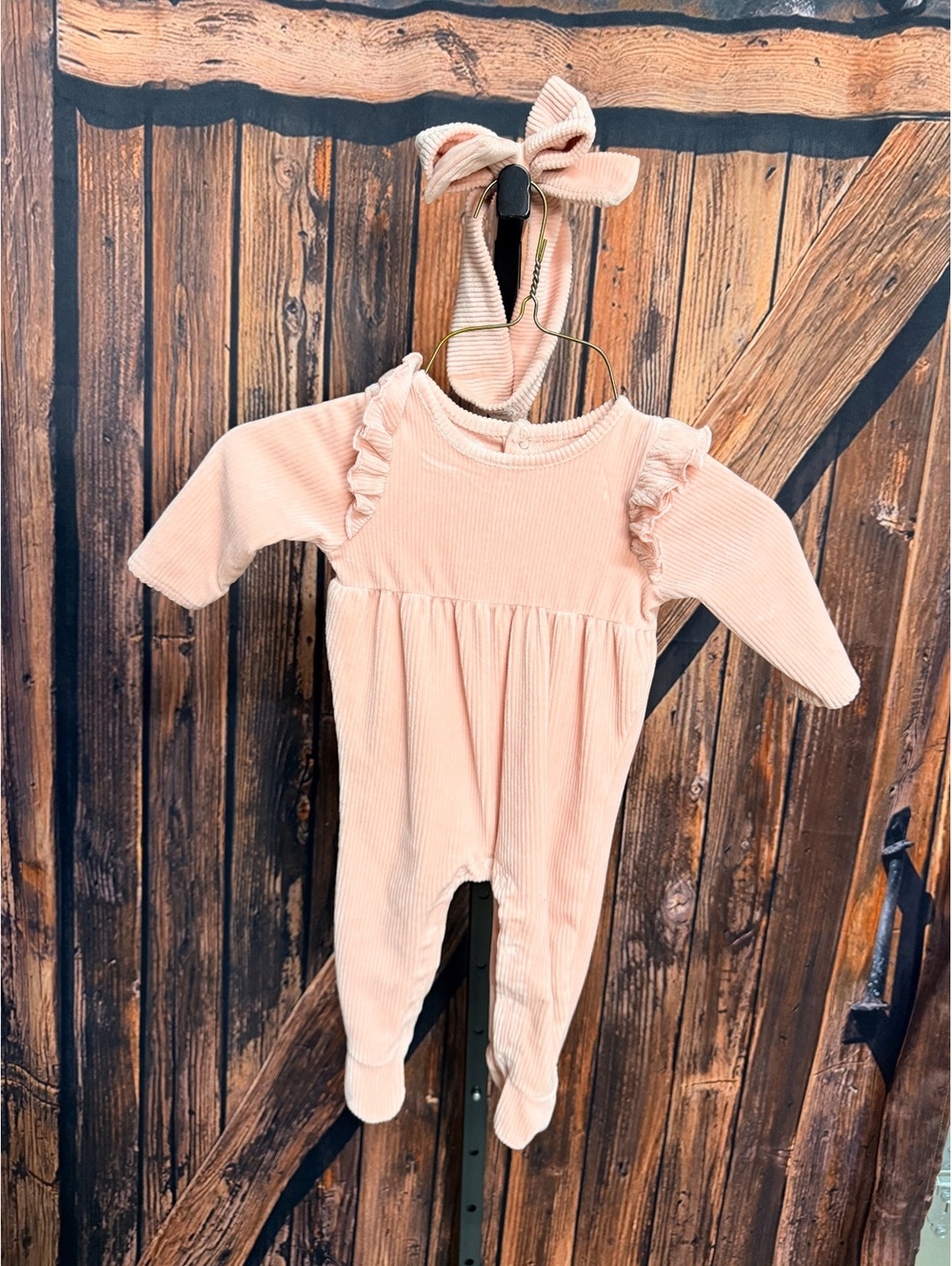Mud Pie Baby Girl Pink Corduroy Ruffle Romper with Matching Headband 3-6 Months